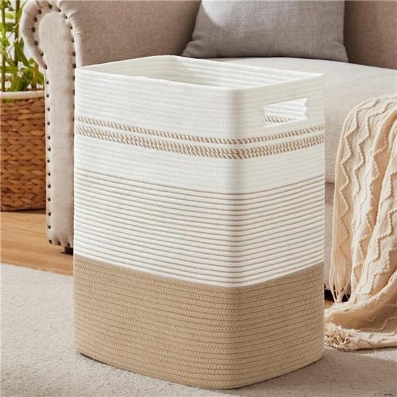 Laundry Hamper, Large Woven Basket with Handles, 22" X 17" X 13", Jute & White - Picture 1 of 6